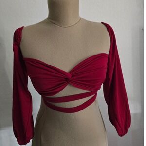 SHEIN SXY Red Off The Shoulder Twist Front Crop Top Balloon Sleeve Boho Whimsy M